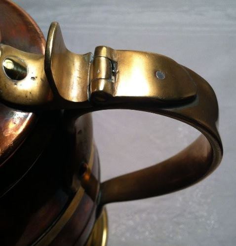 RBARREL - Copper-Brass TANKARD 20 oz, Signed _Grammie McShane 1893, Chicago.- UNUSUAL HINGE ARRANGMENT.
