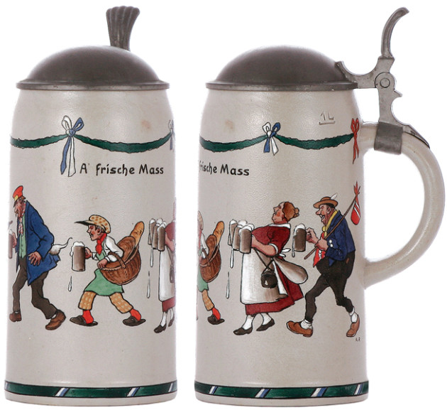 ROESSLER - Stoneware stein, 1.0L, transfer & enameled, by A. Roessler, A Frische Mass,
