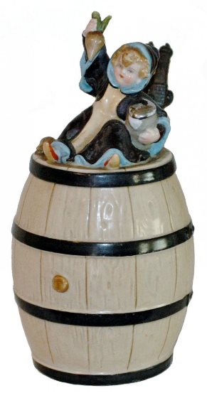 !-    bARREL - C haracter Stein 1-2L Schierholz Porcelain. Barrel. Black robed Munich child on lid. Made exclusively for Martin Pauson.