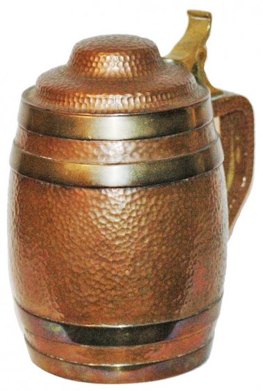 x!- BARREL - Copper and Brass 1L. Overall hand hammered Arts & Crafts design.    RFA   6-13