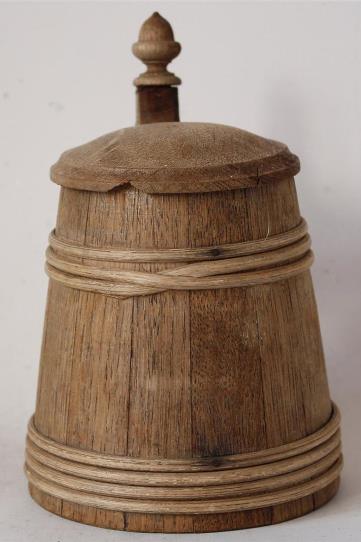 x!-  BARREL - OLDEST VERSION WERE IN WOOD. German Wooden Beer Stein Barrel Type w - Wicker Bands c.1900  SA's