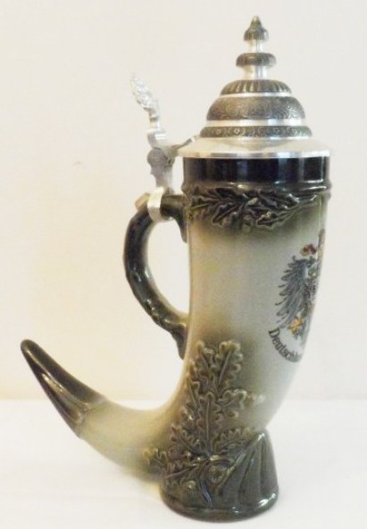 CR- ZOELLER & BORN  MAKERS  DEUTSCHLAND BEER HORN STEIN -  NEW WITH PEWTER LID