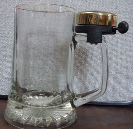 CR- COME HITHER- A CHEAP VERSION Glass Beer Stein with Working Brass Bell 2IN on Handle Gold Trim 5.75 IN Heavy