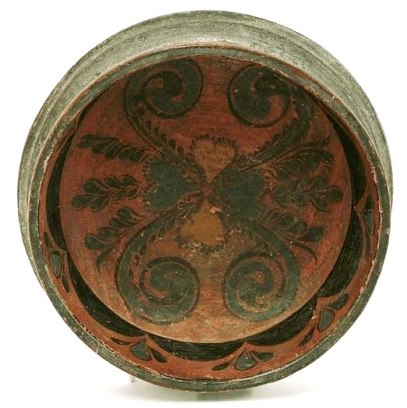 RDRINKING BOWL -  A Scandinavian turned softwood beer bowl, 1833, with all over painted decoration, an inscription to the rim and dated 1833, 17cm diameter  [2]