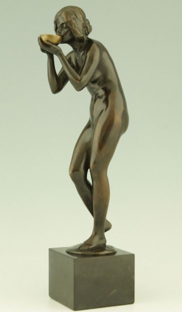 SOS - DRINKING BOWL I LIKE Art Nouveau bronze nude drinking from a bowl by V. Seifert, Germany 1900.