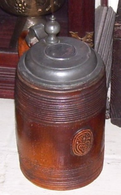 SOS - duingen STONEWARE 1 liter - LATE 1600'S , PEWTER LID W MEDALLLION  ADDED IN SWEDEN IN THE MID 1800'S,  BOUGHT IN DENVER  19-2013