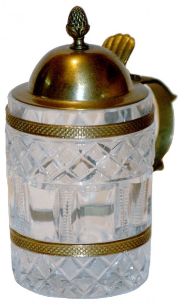 !-     Baccarat  - Blown Cut Glass .25L. Detailed cut pattern with brass handle, straps and lid.