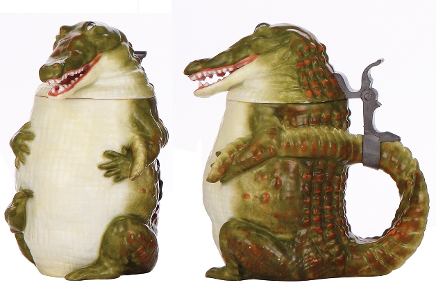 R- ALIGATOR florida ...Character stein, .5L, porcelain, marked Musterschutz, by Schierholz, Alligator,   [tsaco]