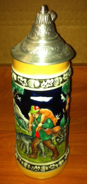 Lidded Authentic Vintage German Glass Beer Stein 11 IN  Tall Artistic Mug!  RDY ........ENG AS A SECOND LANG.