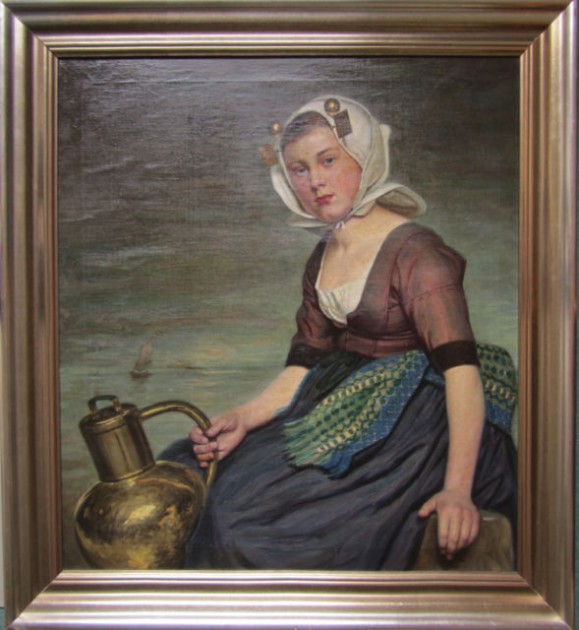 JUG - BRASS - WINE SERVER  DATED [16]76 --LIKE IT  ON PAINTING  BY Hermann Knopf (Wien 1870 - München 1928), Holländerin mit Krug,
