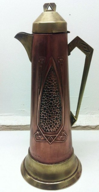 R- CLARET - 14 IN Nouveau big pitcher wine decanter copper brass arts crafts jugendstil no WMF