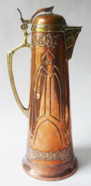 R- CLARET -  Art Nouveau Gebuder Bing Copper & Brass Claret Jug Jugendstil