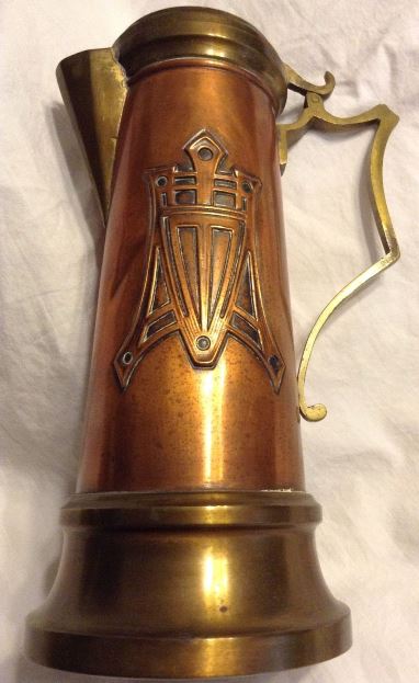 R- claret - 1880-1900s COPPER AND BRASS TANKARD  Arts and Crafts Art nouveau, Roycroft-like  ojnly 8.5 in tall